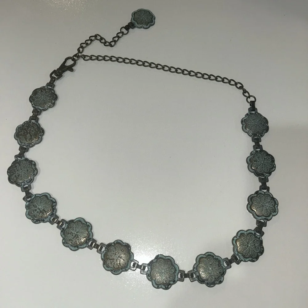 Vintage Style Western Concho Chain Belt‎ Turquoise Patina Floral Boho